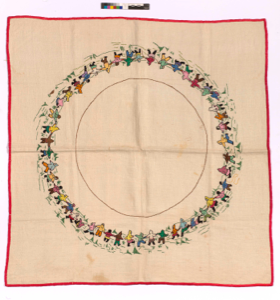 Image of Embroidered square with Inuit figures in circle